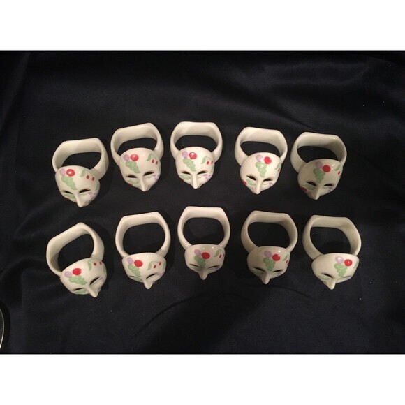 10 Ceramic AUDREY NAPKIN RING HOLDERS FACE MASK Floral‎ Marzi Gras - Picture 4 of 10